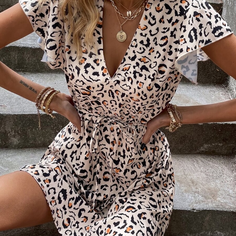 boho leopard print cream butterfly sleeve dress - Picture 2 of 7